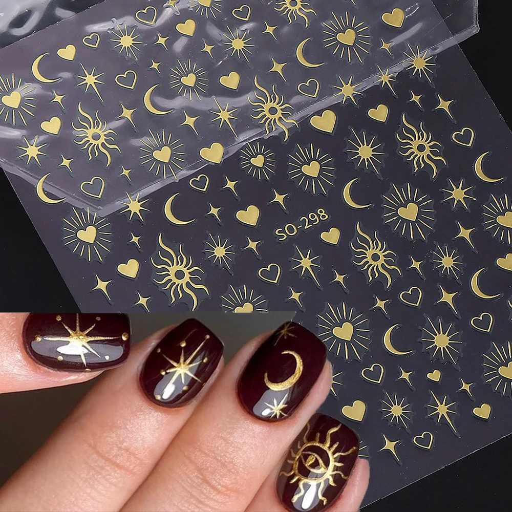 1 Stück 3D vergoldetes Silber ausgehöhlte herzförmige Nagelkunstaufkleber DIY Liebe-Herz Sternenlicht Halbmond Mythos Nagelaufkleber 12 x 8 cm