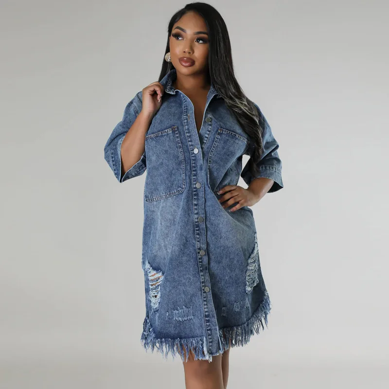 

Plus-size Washed Denim Dress, Women's Spring Fashion Fringe Washed Ripped Single Breasted Mid-length Sleeve Denim Lapel Dress