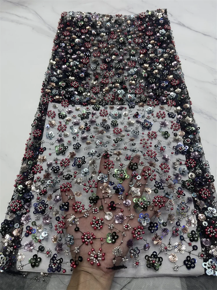 

5 Yards Luxury African Sequins Lace Fabric 2023 High Quality French Nigerian Beaded Lace Fabric For Sewing Dress Wedding