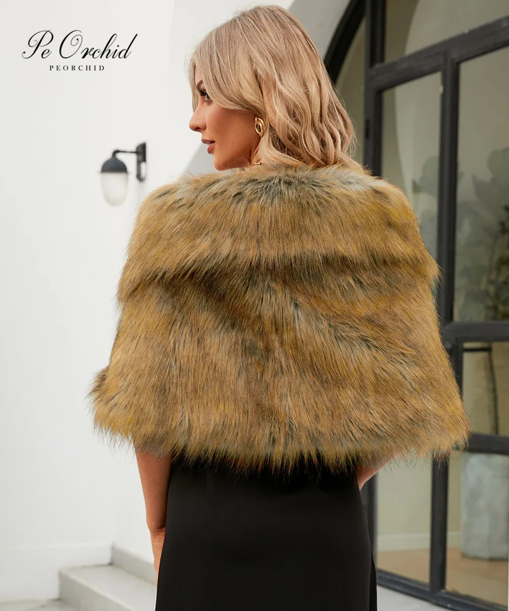 PEORCHID Luxurious Brown Faux Fur Bridal Wrap Shrug Bridesmaid Gifts Winter Wedding Bolero Evening Dress Cover Up Women Cape