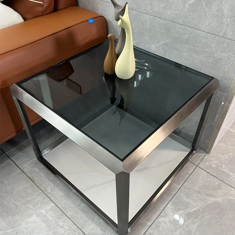 بسيط رمادي أسود التيتانيوم المصقول الفولاذ المقاوم للصدأ الزجاج لوح الصخور الزاوية عدد قليل من غرفة المعيشة مربع عدد قليل من الخزانات الجانبية ذات الطبقة المزدوجة #3