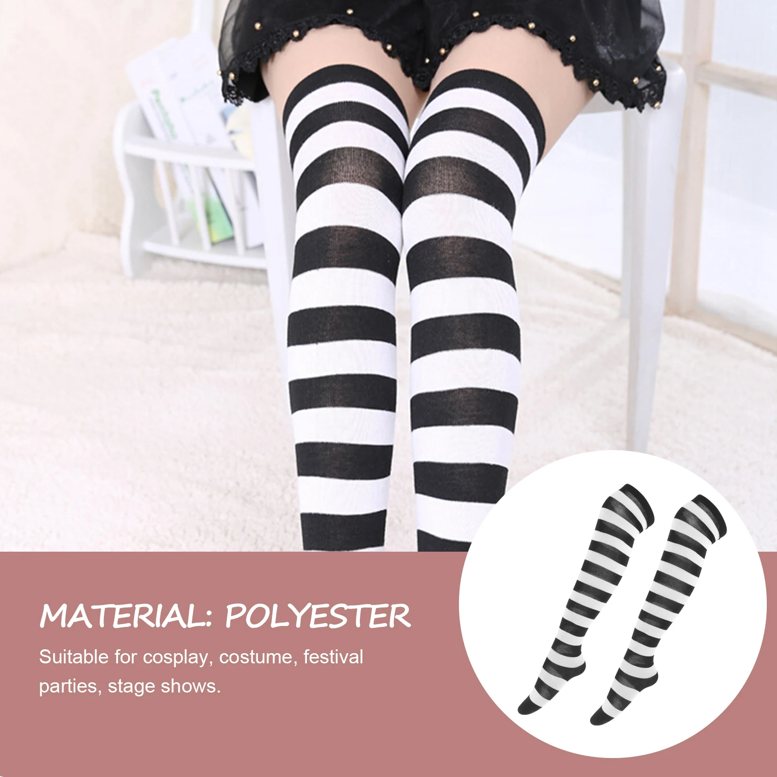 Blue Black Wide Striped Thigh High Stocking Women Over Knee Socks Pantyhose Crew Long Durability Polyester Costumes Cosplay