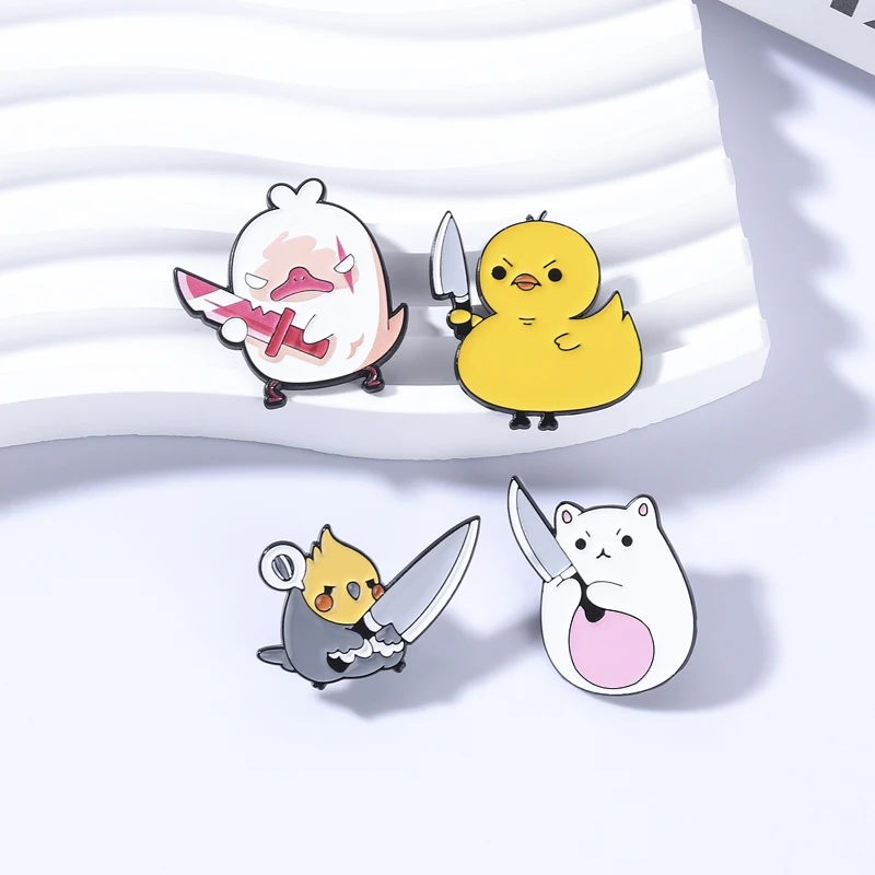 Cute Bear Duck Chicken Holding A Knife Enamel Pins Cartoon Humorous Animal Metal Brooch Bag Lapel Badge Jewelry Gift for Friends view 5
