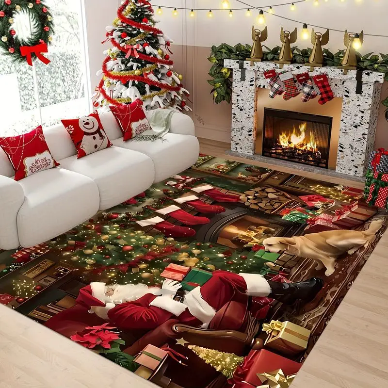 VIKAMA Santa Claus Floor Mat Merry Christmas Happy New Year Non Slip Rug Living Room Bedroom Holiday Home Decor