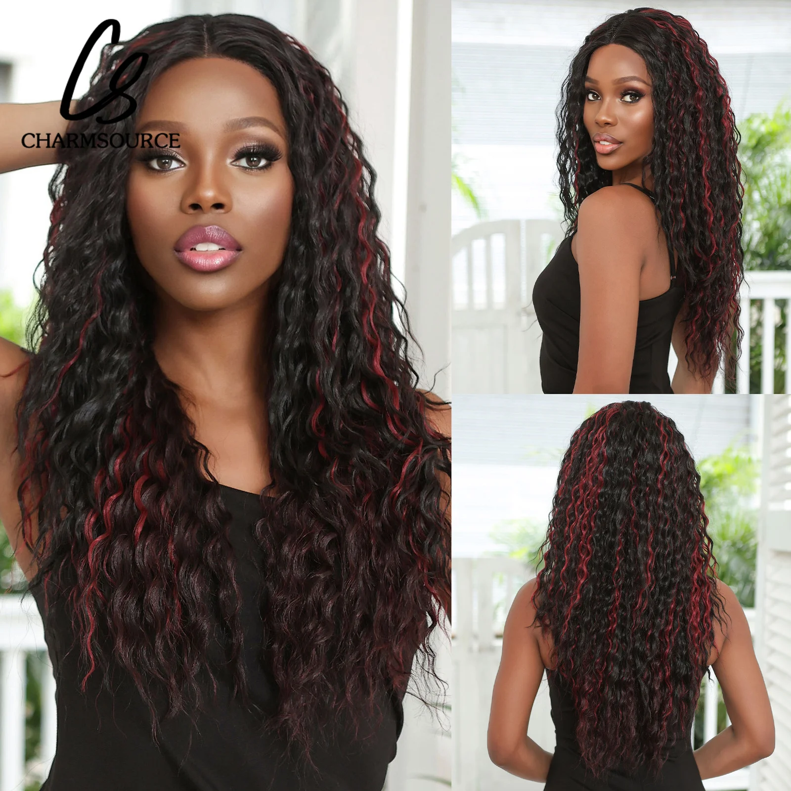 CharmSource Long Black Red Lace Front Wig Synthetic Curly Highlight Wigs for Black Women Natural High Density Heat Resistant