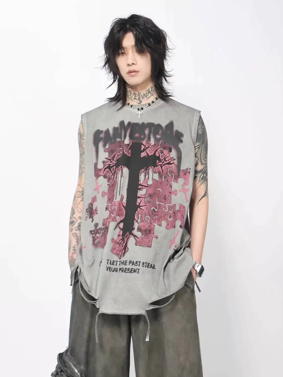 2026 New Men Raw Cut Distressed Hem Sleeveless Tank Tops High Street Unique American Retro Loose Casual Streetwear T-shirts Man