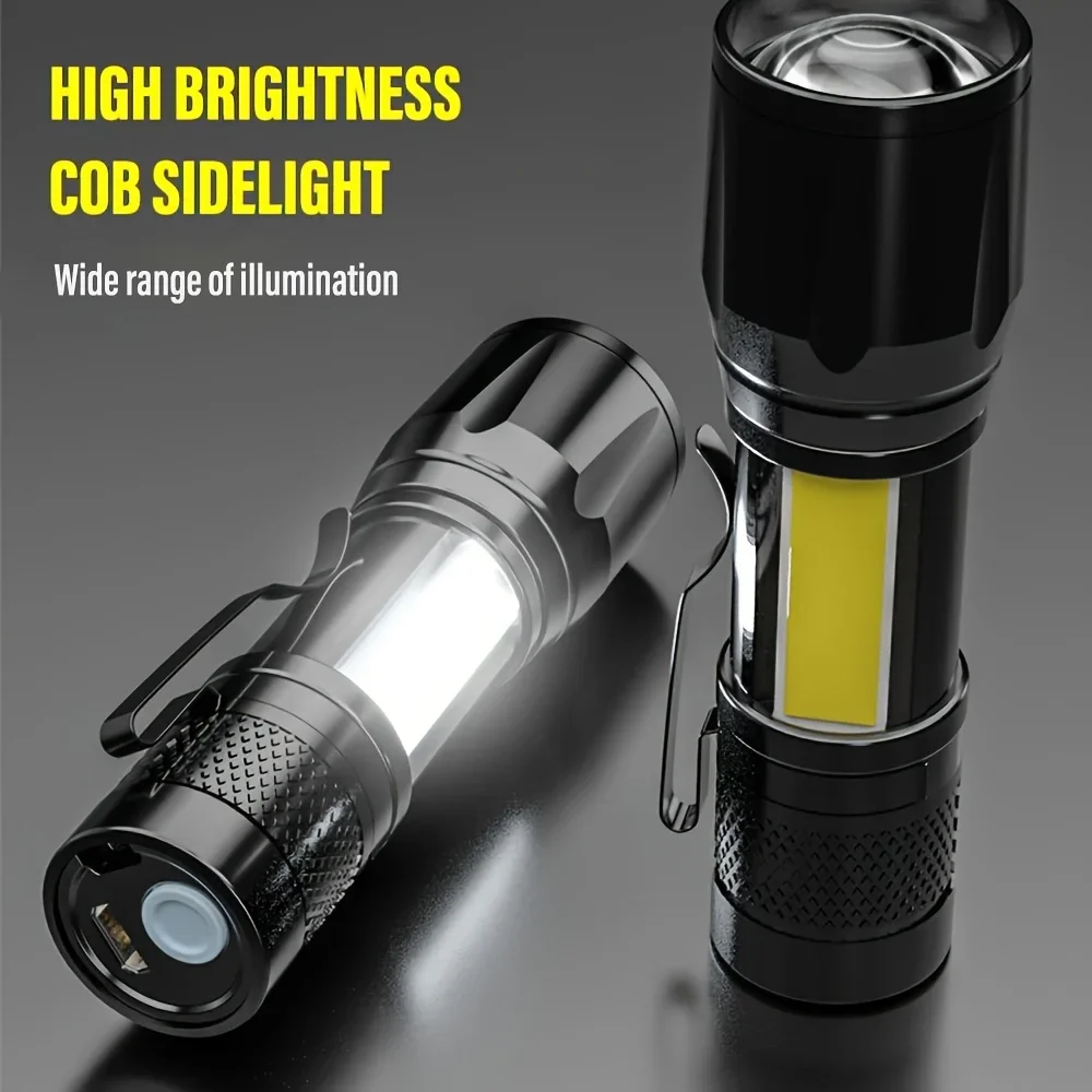 Portable Rechargeable LED Flashlight with Pen Clip Zoomable Waterproof Torch with Side Light Outdoor Camping Emergency Lantern