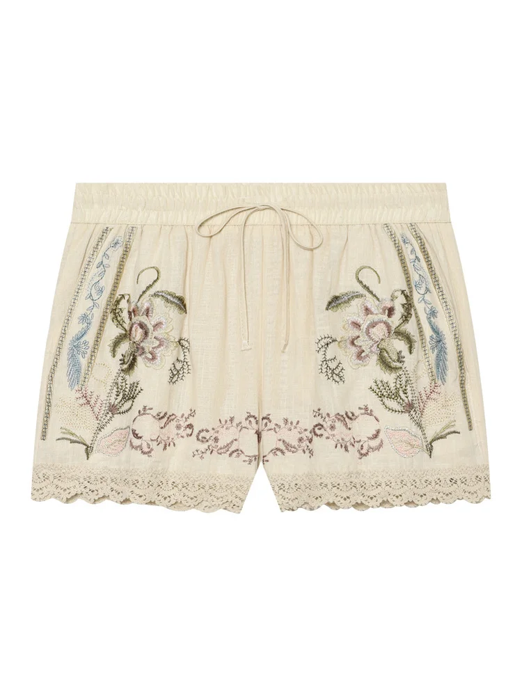 AACHOAE Women Boho Floral Embroidered Cotton Shorts High Waist Elastic Lace Trim Casual Summer Beach Vacation Loose Shorts