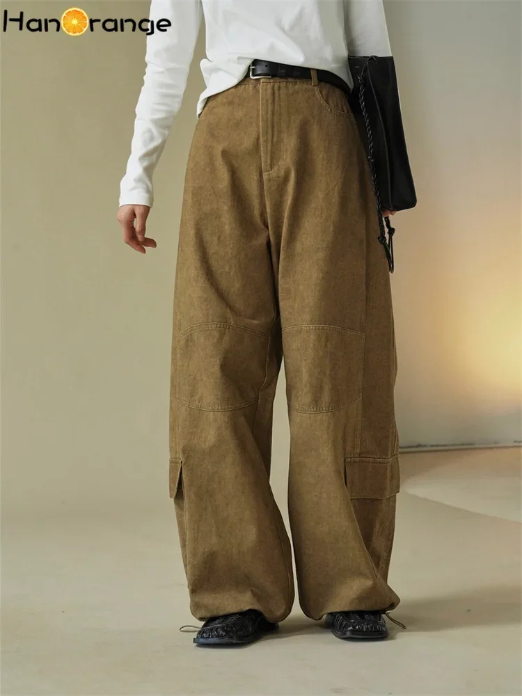 HanOrange 2025 Heavy Weight Early Spring Washed Large Pocket Cargo Pants Women Loose Wide Leg Trousers Khaki