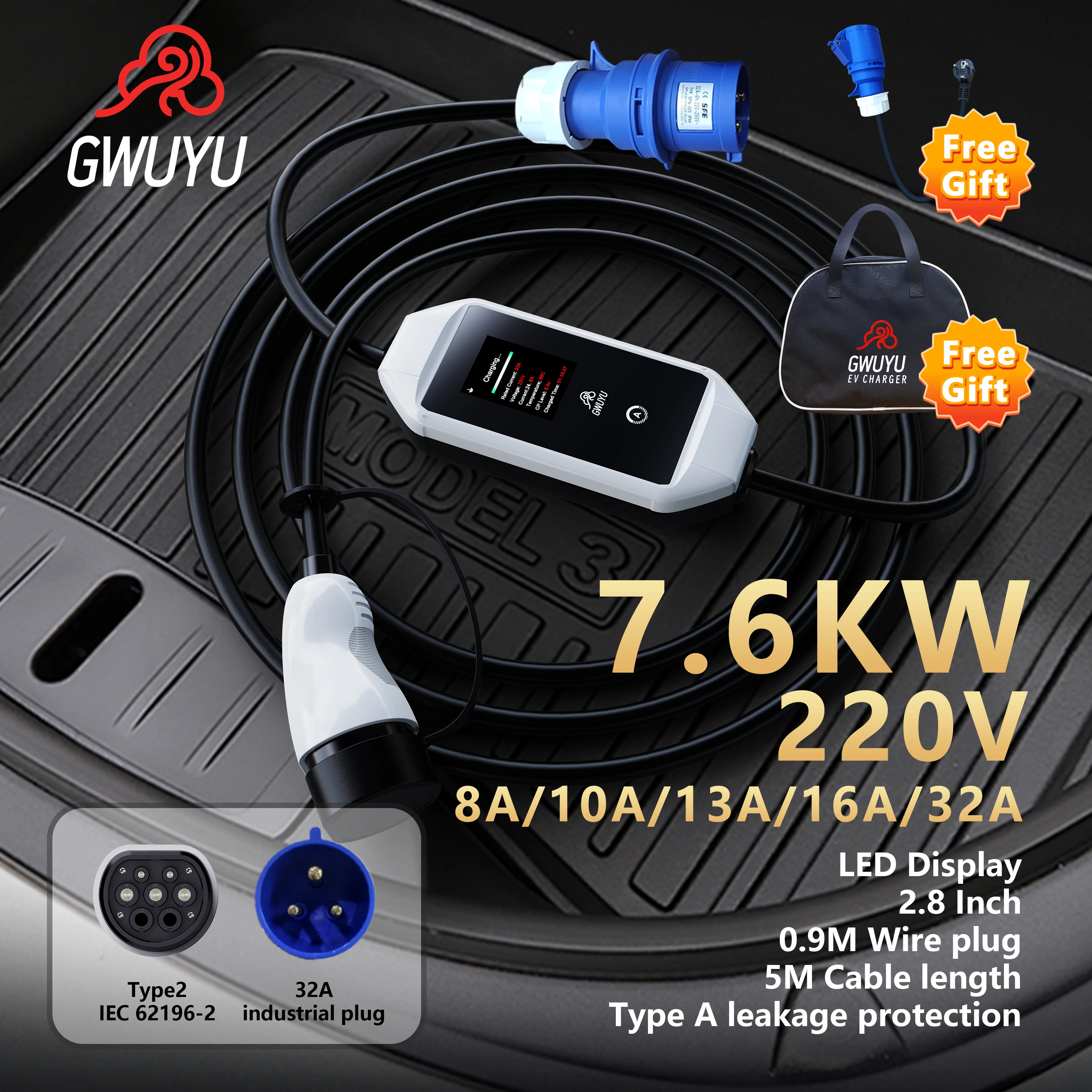 

GWUYU M64 EV Portable Charger Type 2 Adjustable Current 8A 10A 13A 16A 32A 7.6KW 5M Cable for Electric Vehicle Car Plug Gift