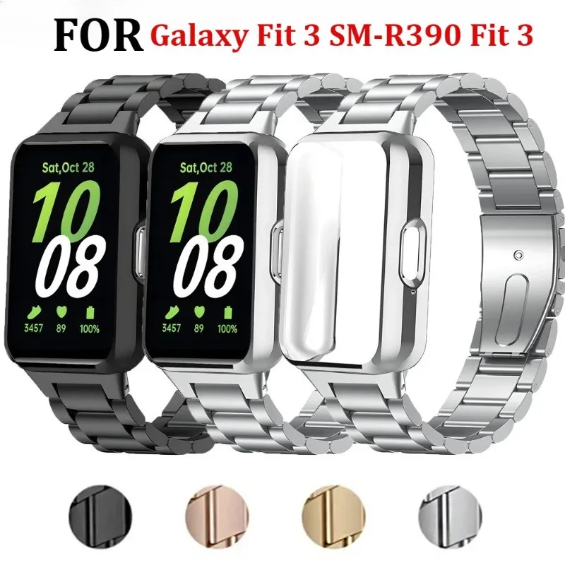 Protector Case for Samsung Galaxy Fit 3 SM-R390 Durable TPU Scratch Proof Case+Metal Strap Stainless Steel Band Accessories