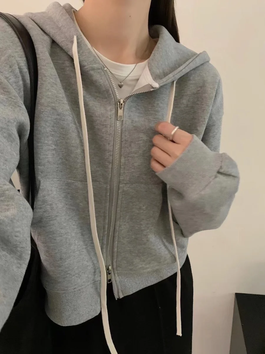 

Весенняя женская толстовка с капюшоном на двойной молнии, свободного кроя, на шнурке, модный кардиган, верхняя одежда из хлопка и полиэстера