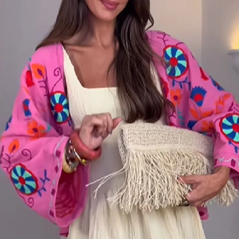 

Women's Fashion Lace-Up Embroidered Printed Coats Elegant V-neck Long Sleeve Cardigans Autumn Winter Casual Loose Short Jackets