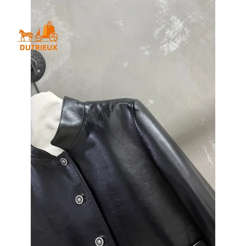 2025 Winter Leather Jacket Short Stand Collar Pockets Solid Color, 100% Genuine Sheepskin Shiny Fashion Temperament Women's Coat