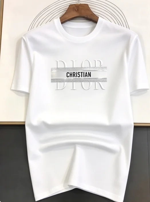 2026 new Men Crew Neck Short Sleeve T Shirt, Symmetric Serif Letter With Middle Stripe Block Print Tee, Casual Daily Street Top