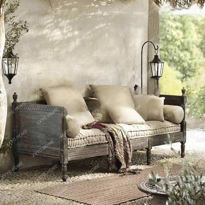 Retro style solid wood sofa three-person rural style white old living room villa sofa