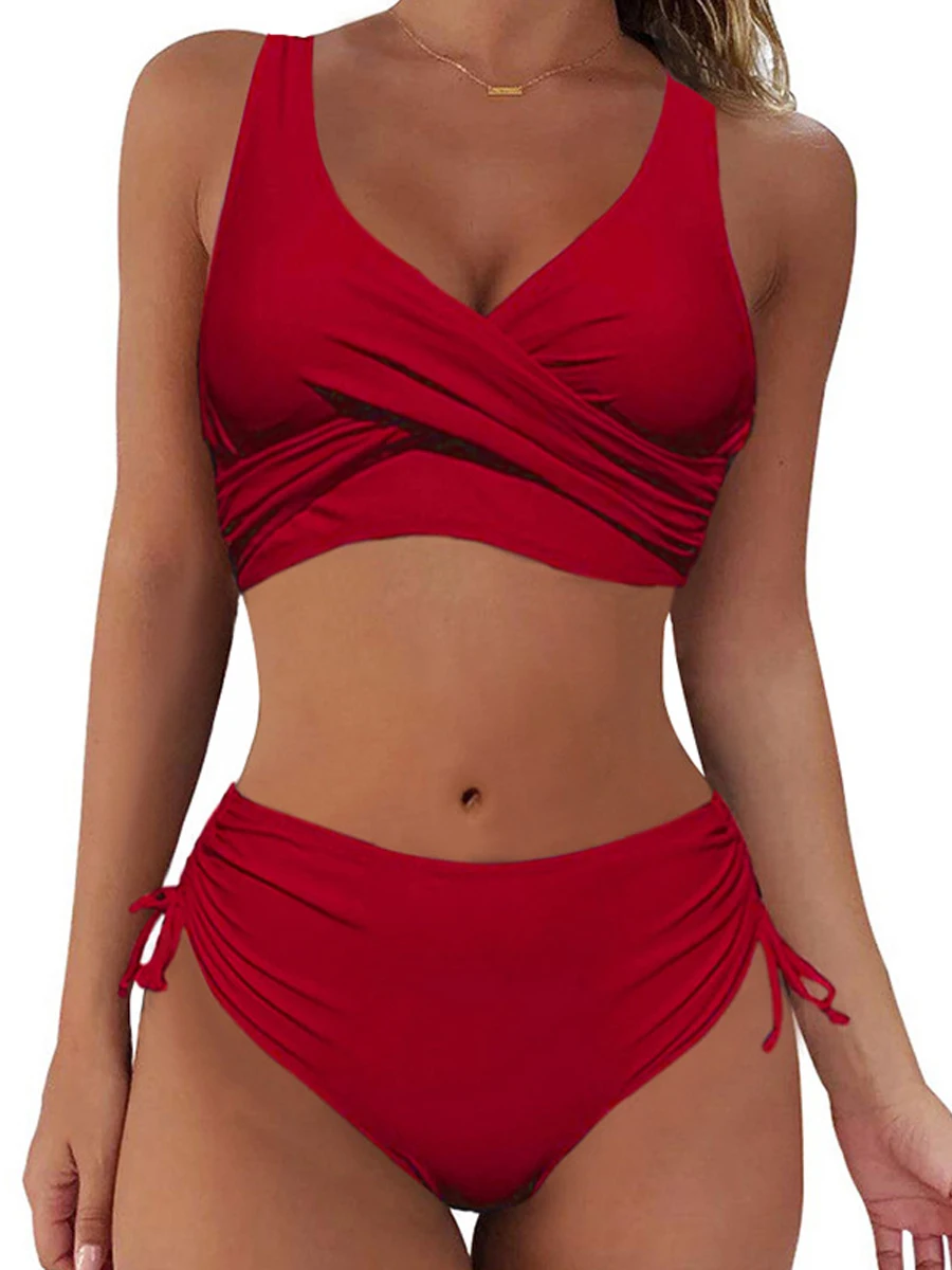 Sexy tie lado conjunto de biquíni feminino folha impressa e sólida banho feminino push up maiô cintura alta maiô verão beachwear