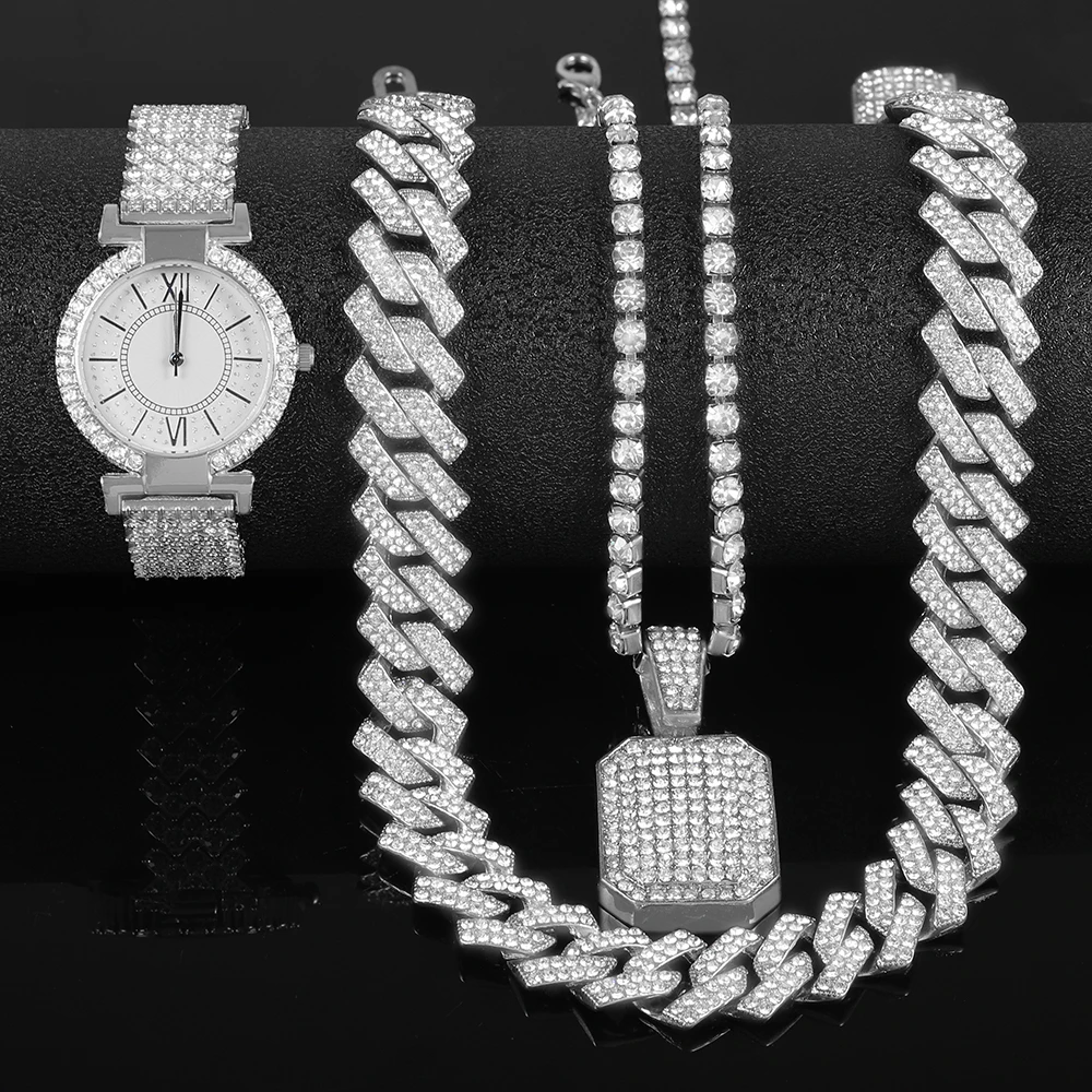 Hip-hop Punk Frauen Silber Uhr Set Stilvolle Intarsien Diamant Uhr Block Anhänger Tennis Halskette Kubanischen Kette Luxus Schmuck geschenk