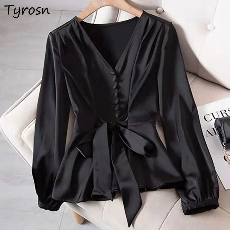 L-4XL Blouses Women Elegant Solid Black V-neck Design Button Bow Shirts High Street Fashion Slim Long Sleeve Tops Lady Clothing