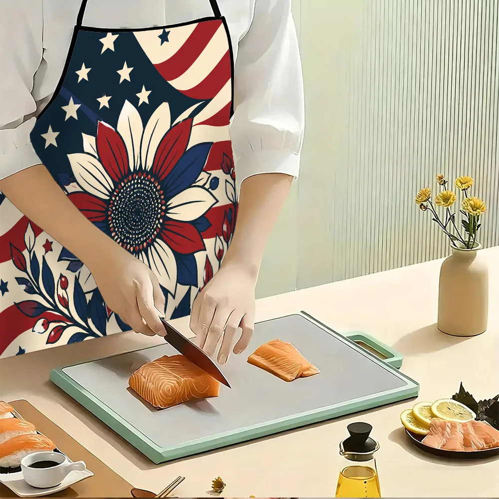 1pc American Flag Sunflower Patriotic Print Apron, Durable and Easy To Clean, Adjustable Waistband, Polyester Material