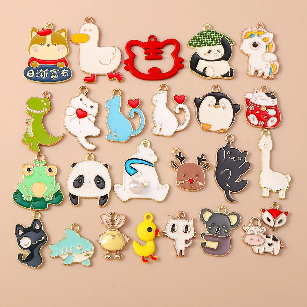 Leslie 10 Stück Emaille Tier Charms Panda Katze Ente Frosch Pinguin Anhänger für Schmuckherstellung DIY Halsketten Ohrringe Schmucksuche – Detail 1