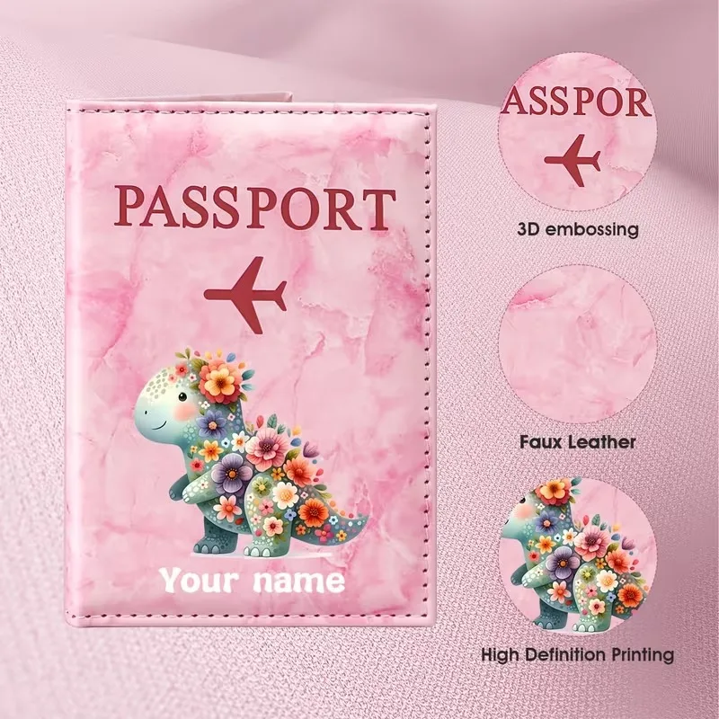 Custom Name Floral Dinosaur Illustration PU Passport Holder, Adorable Cartoon Dinosaur Fully Adorned with Colorful Flowers