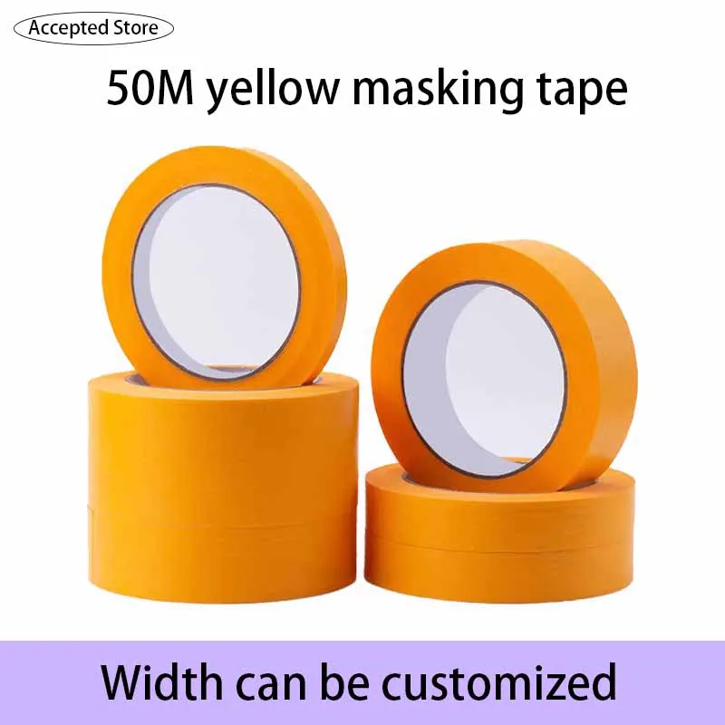 

50M Yellow Masking Tape Adhesive Tape Textured Paper Car Paint Decoration Seamless Hand Tear Without Mark For Painting