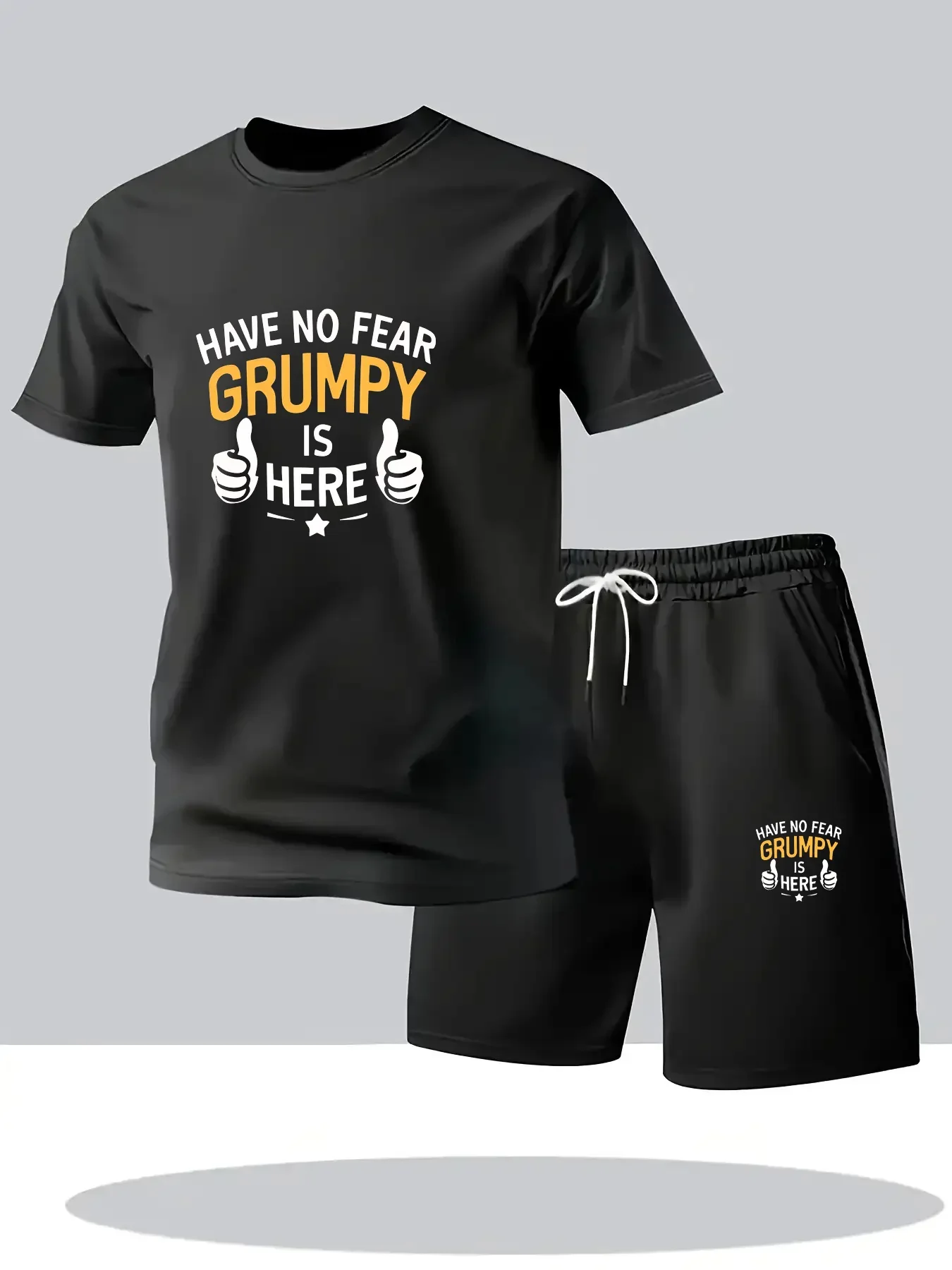 GRUMPY  Men 2‑Piece Tracksuit, Angry Boy Pattern Print Short Sleeve T‑Shirt And Shorts, Outdoor Sports Casual Outfit For Male