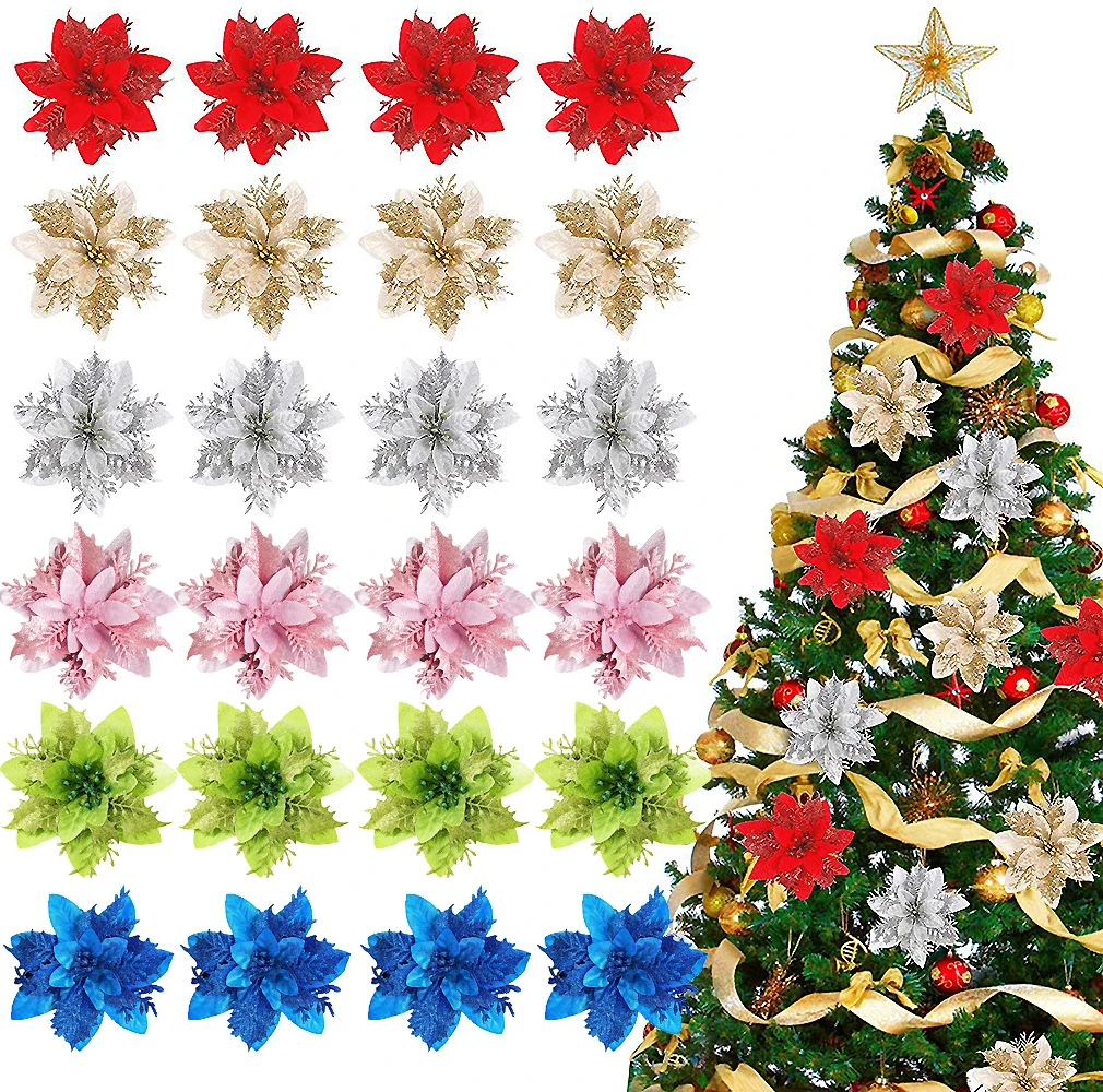 

50/5pcs 14cm Glitter Artificial Christmas Flowers Xmas Tree Ornaments Merry Christmas Decorations for Home New Year Gift Navidad