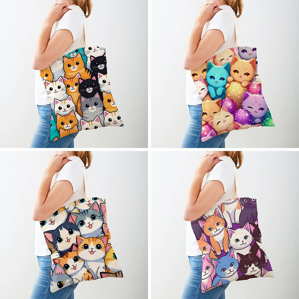 Cute Cartoon Cat Women Shopper Bags Tote Double Print Watercolor Pet Animal Travel Shoulder Handbag Shopping Bag Children Gift