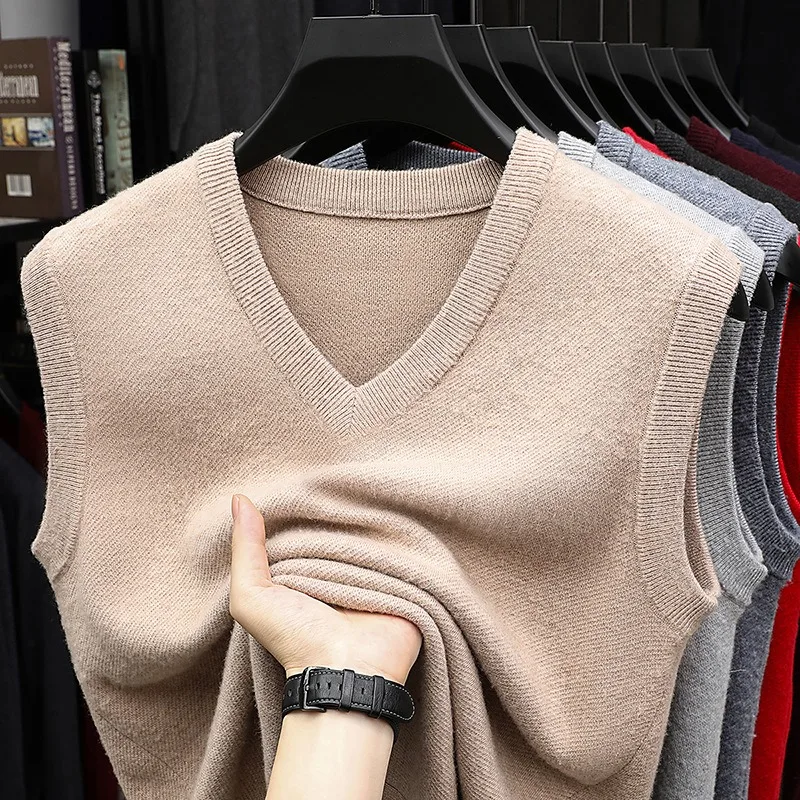 Men Autumn Winter V Neck Wool Vest Thick Sleeveless Knit Sweater Waistcoat For Middle Aged Father Casual Outerwear