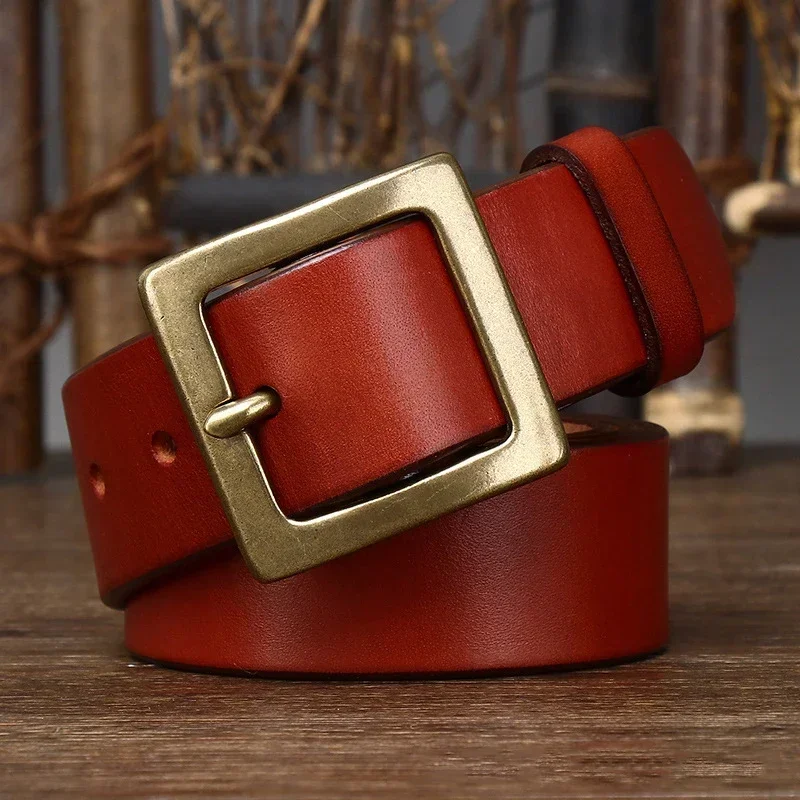 3.8CM Men High Quality Genuine Leather Belt Luxury Designer Brass Copper Buckle Belts Pure Cowskin Strap Male Jeans for Man