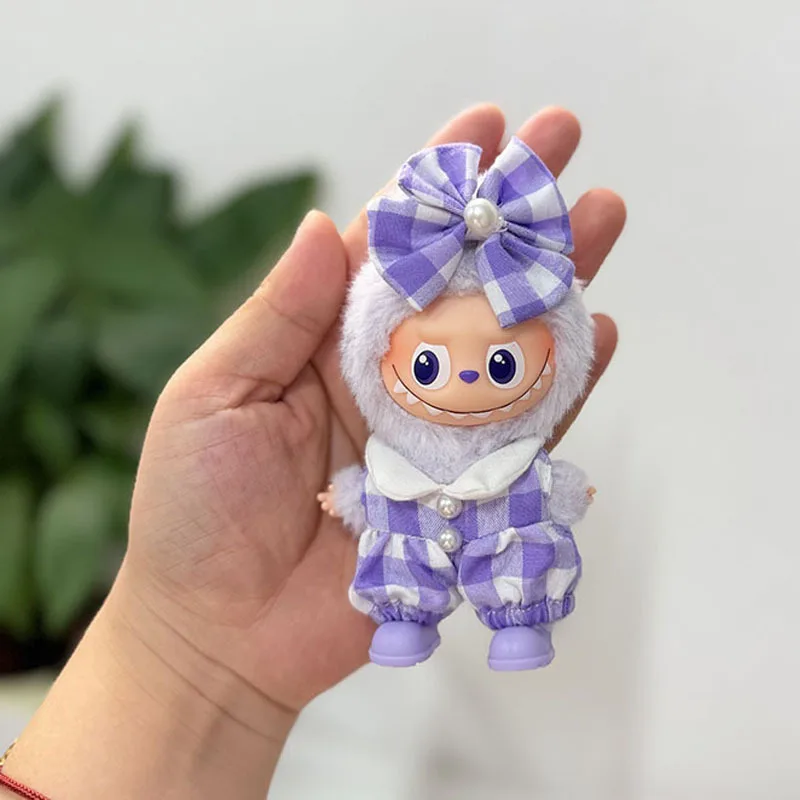 

10cm Mini 4.0 For LABUBU Clothing Pin For Love Series Doll Outfit Pearlescent Checkered Onesie With Pearl Bow Hair Accessory Set