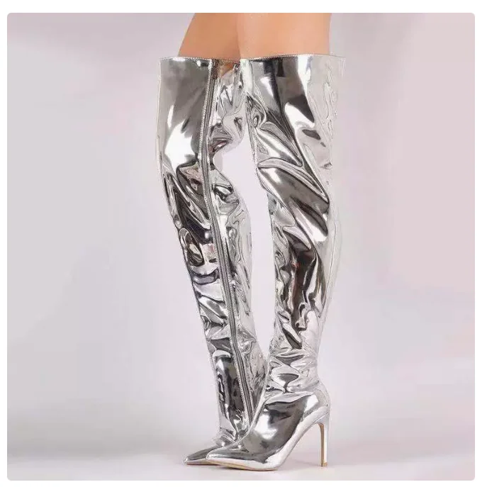

Women Thick Sole Boots Autumn Winter Women's patent leather high heels bootsLadies Thigh High Boots Stretch Pointed Shoes Plus