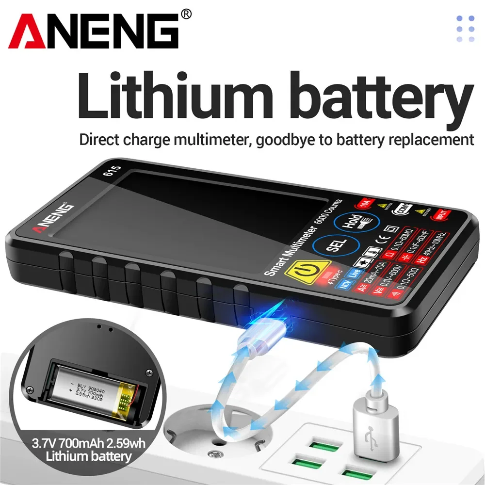 ANENG 615 Multimeter Smart Touch Multitester Diode Lithium Battery Charging Tester 6000 Counts AC/DC Voltage/Current Meters