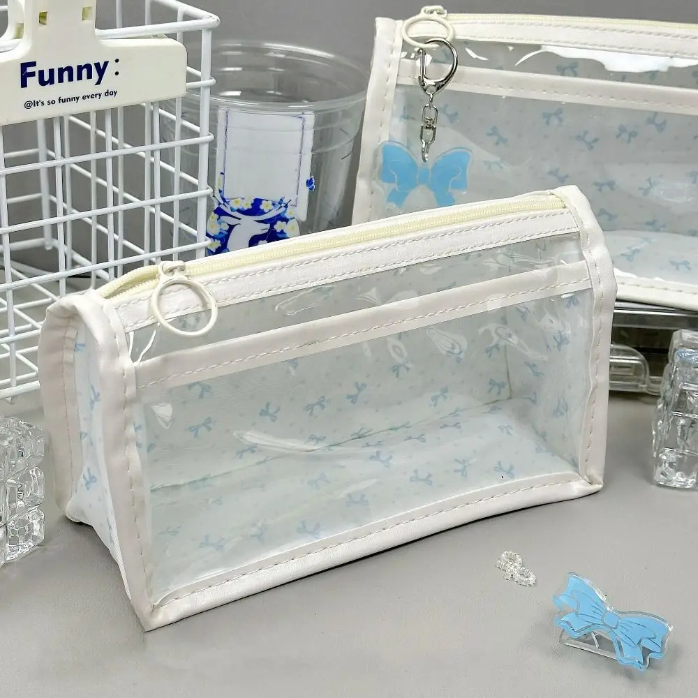 Waterproof Butterfly Floral Print Pen Bag Double Layer Large Capacity Pencil Case Transparent Pen Pouch Gift