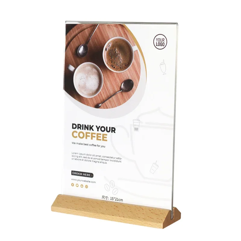 Acrylic Decca Transparent Display A4 Solid Wood Base Vertical Table Advertising Price Table Beech Table Sign Photo Card Holder