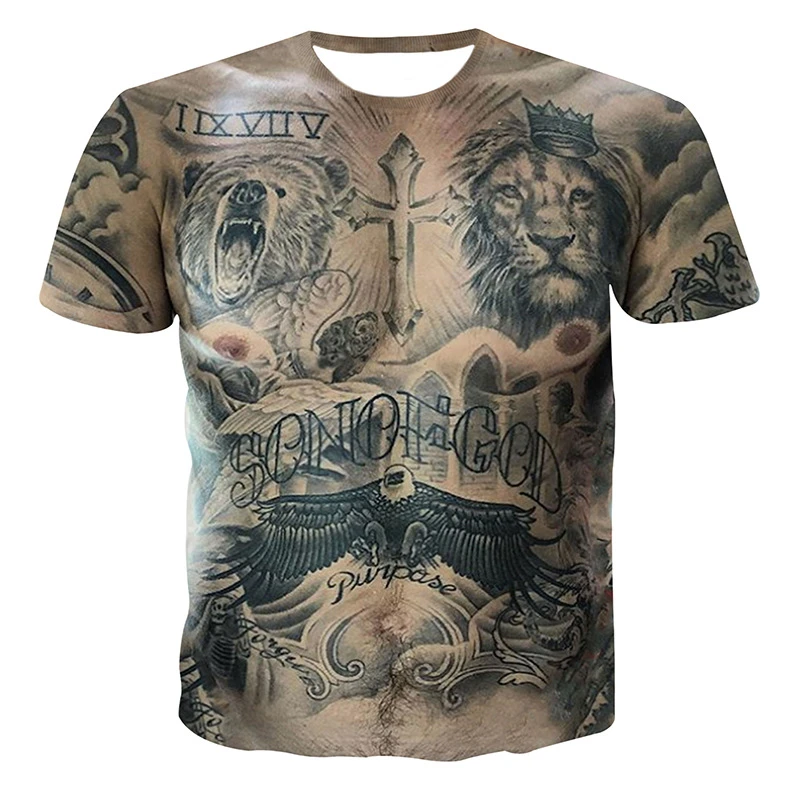 Camiseta de manga corta con cuello redondo para hombre, camiseta Sexy con estampado 3D de Harajuku, tatuaje muscular creativo, Hip Hop, divertido y