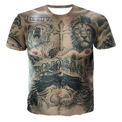 T-shirt à manches courtes et col rond pour hommes, mode sexy, tatouage musculaire, hip hop créatif, drôle, homme dur, été, haut imprimé Harajuku 3D, nouveau