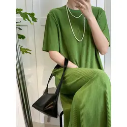 Pleated Screw Thread Summer Women Tshirt Dress Large Size Casual Over the Knee Solid Color Office Lady Comfortable Midi Dress
