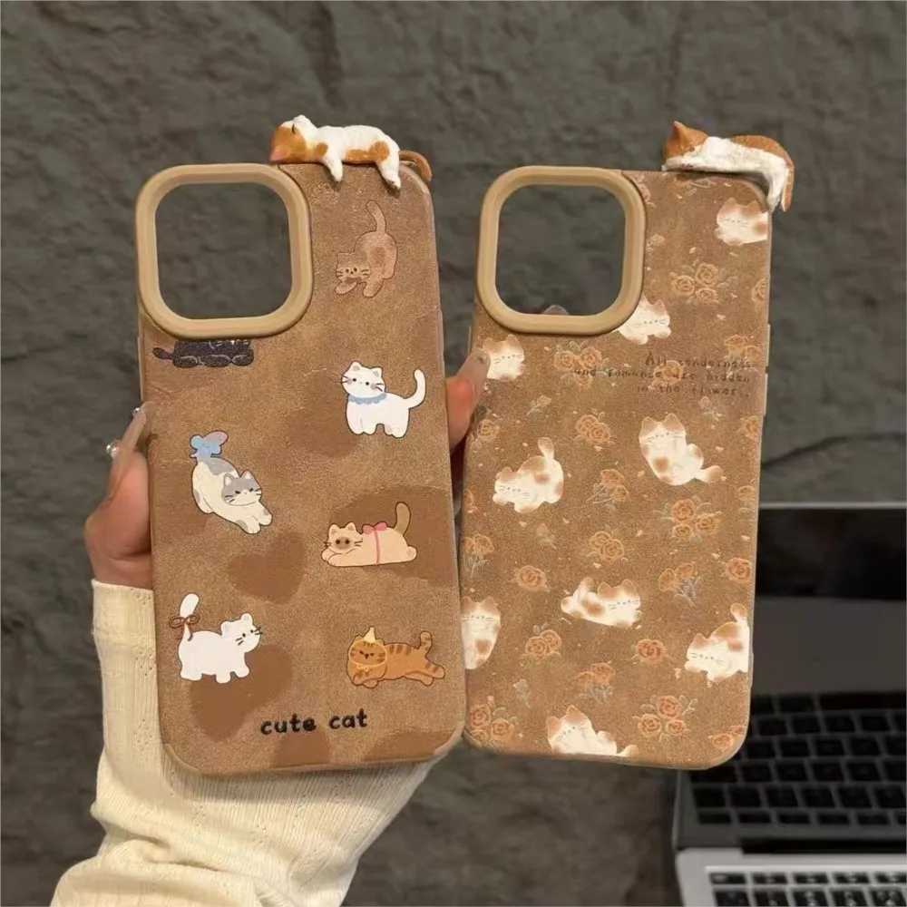 

luxury suede 3D Kitten leather silicone Soft Case protection for iPhone 11 12 13 14 15 16 plus 17 Pro Max cute cat Coque