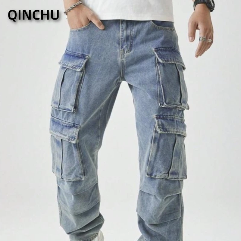 

Мужские рабочие брюки QINCHU: повседневные, прямого кроя, с эффектом потертости, с множеством карманов, утолщенные, карго