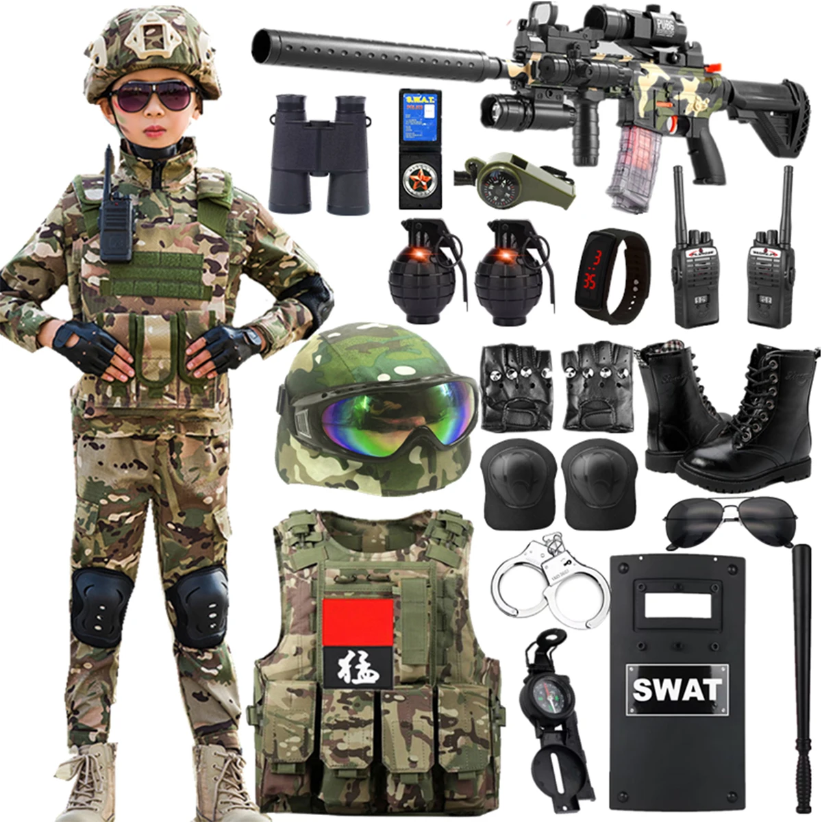 

Children's Soldier Toy Costume Set With Telescope & Walkie-talkie & Compass Etc Birthday Gift For Children Over 6 Years Old