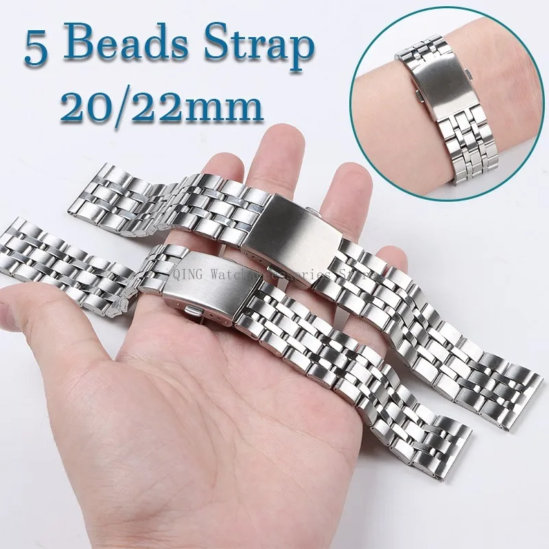 20mm 22mm Stainless Steel Watch Strap 5 Beads Smartwatch Band Universal Metal Bracelets Men Women Business Replacement Wristband