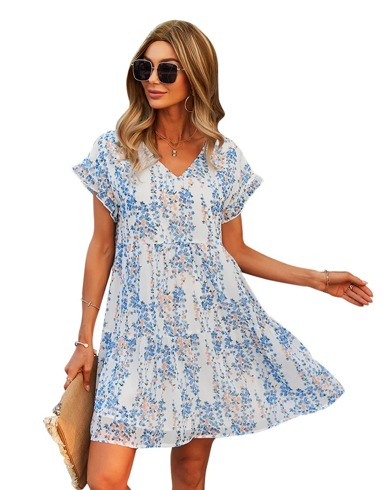 

Women's Printed V-Neck Ruffled Sleeve Tiered Mini Dress Light Fabric Flowy Silhouette Stylish Casual Dress