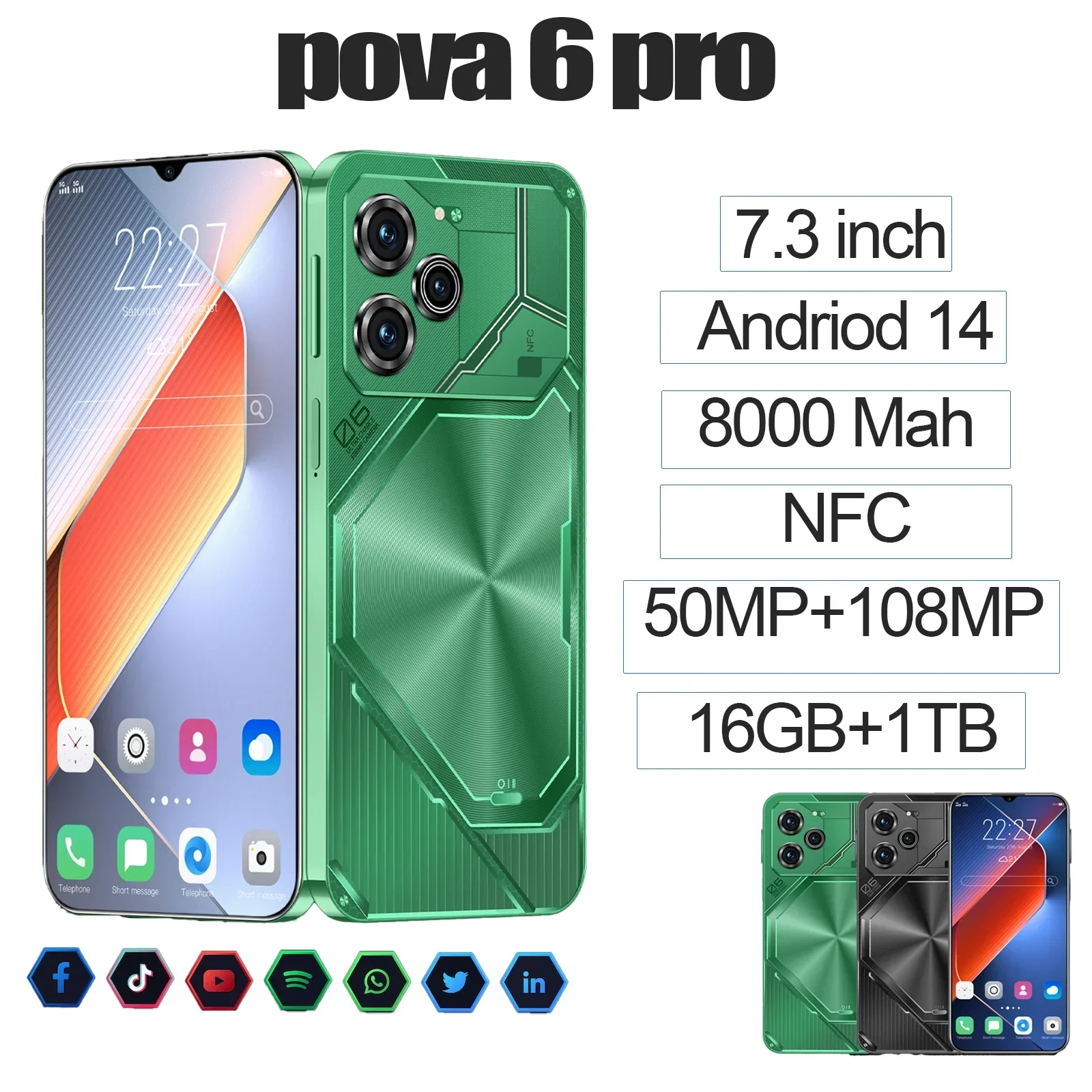 

Original Pova 6 Pro Smartphone 5G 7.3inch 16G+1TB Cell Phone Dual SIM MobilePhones 50+108MP Android14 Unlocked Face Access cheap