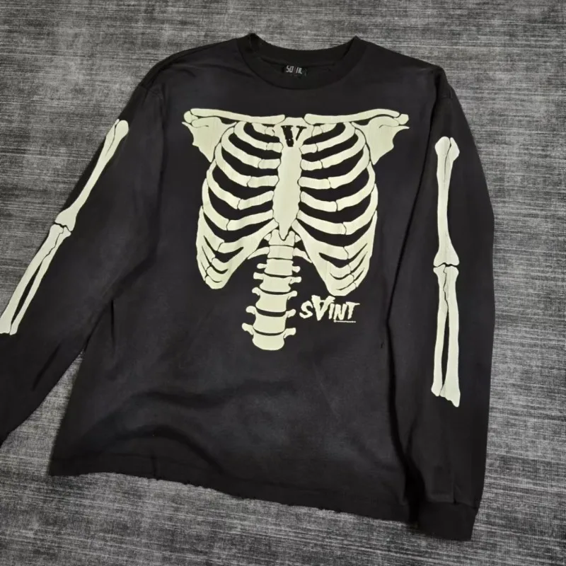 Vintage Saint Long Sleeve Tshirts Washed Worn Bones Ribs Cracked Print Round Neck Pullover Men Women Street Outfit Loose Tops