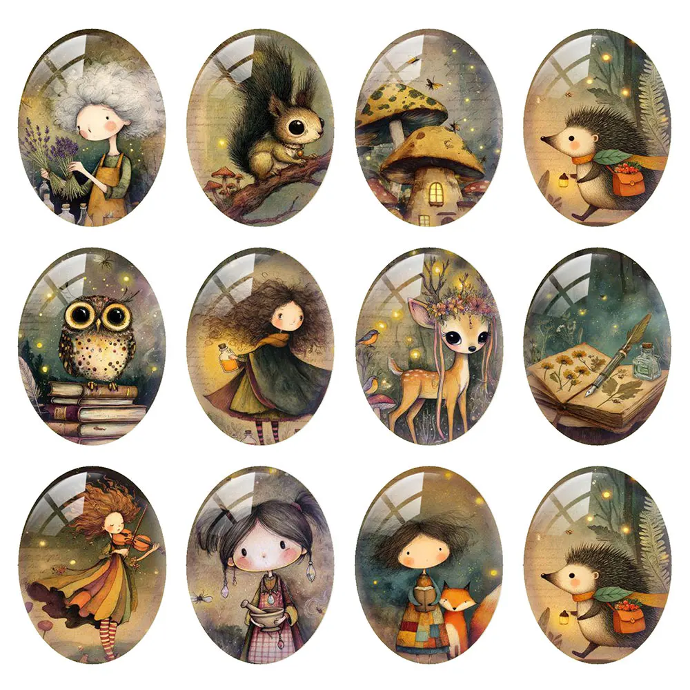 Random Mixed Round/Oval/Square Forest Magic Cottage Fairy Owl Photo Glass Cabochon Flatback Demo Cameo For Diy Jewelry Making