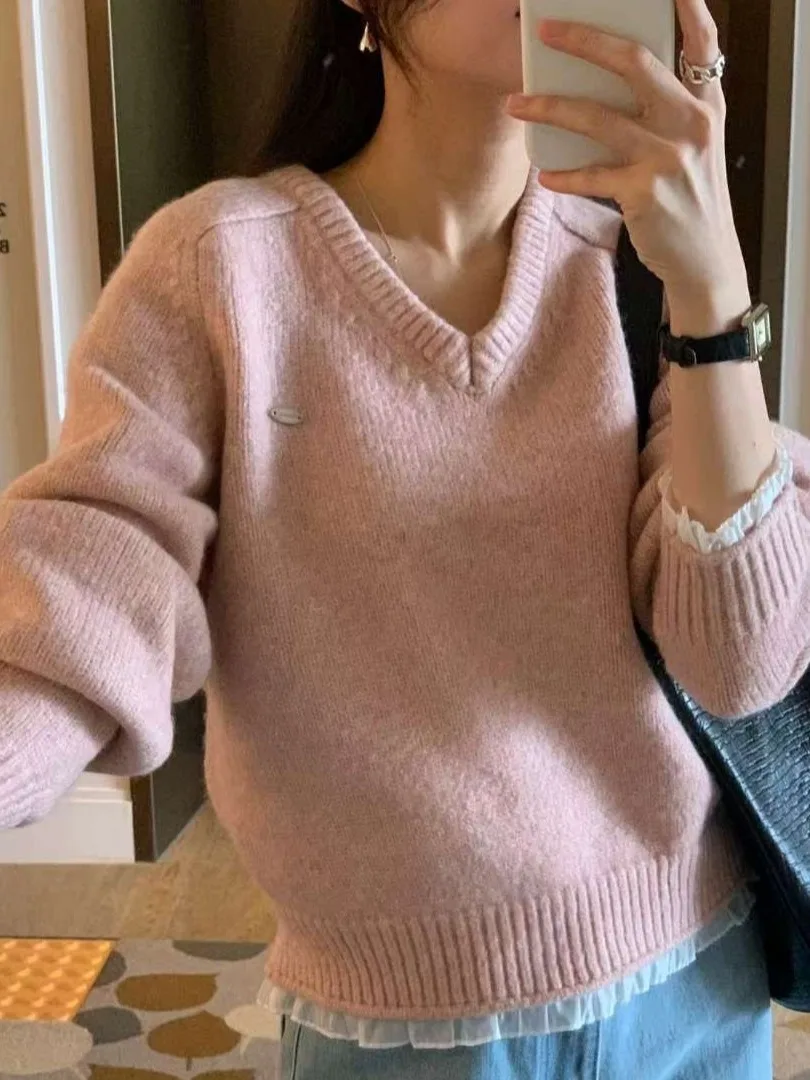 أنيقة الدانتيل تقليم متماسكة سترة V-Ne المرأة الحلو تنوعا تصميم أعلى لطيف لينة الشتاء Faion عارضة شيك Sle