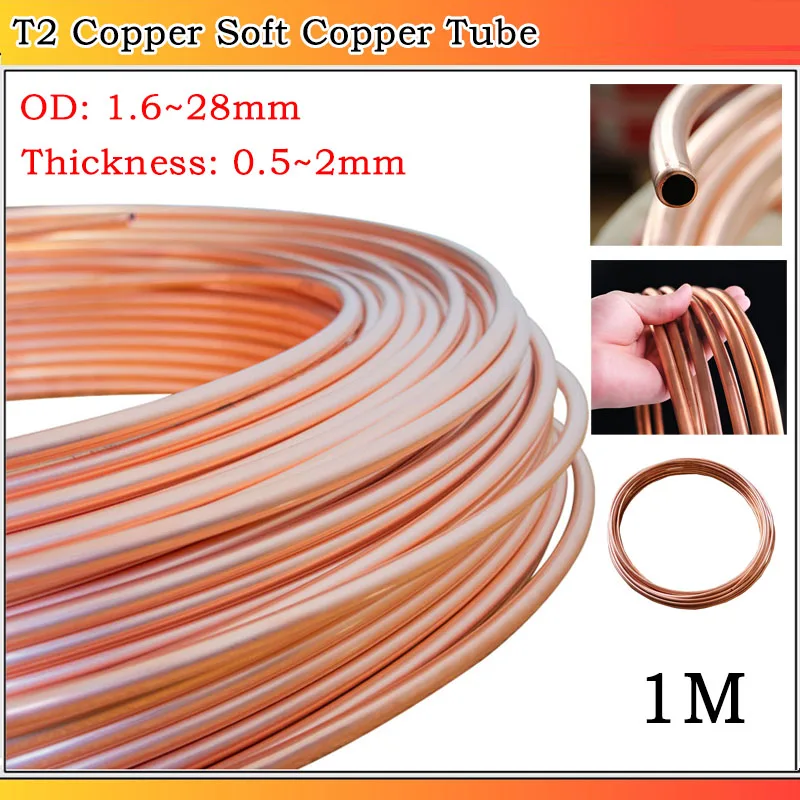 

1M OD: 1.6~28mm Thickness: 0.5~2mm T2 Copper Soft Copper Tube Coil Pure Coppers Wire Pipe Airs Conditioner Cooling DIY Crafts